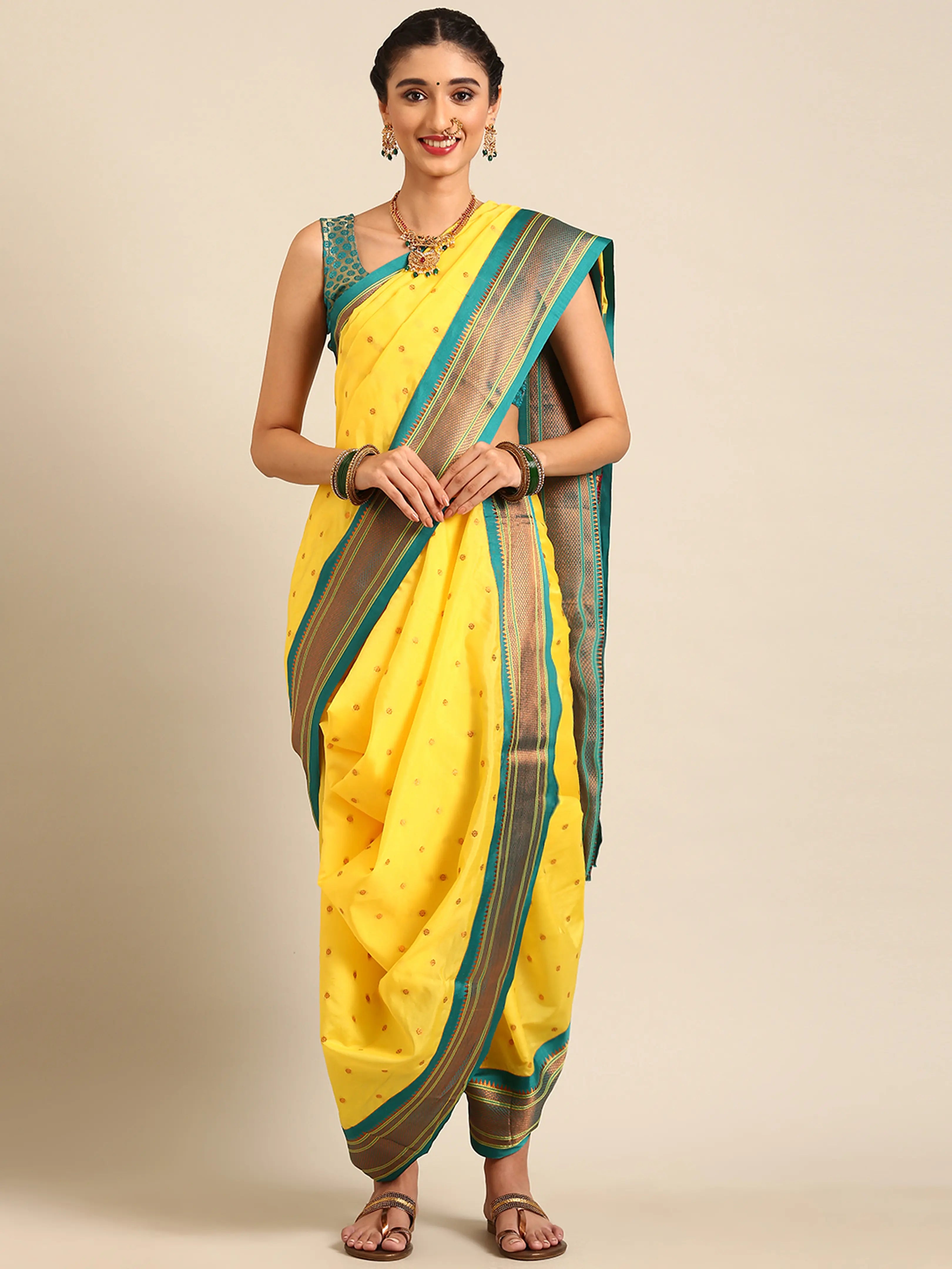 Maharani Nauvari Paithani saree silk blend 9 yard Kashta saree in yellow and rama - front view for wedding wear
