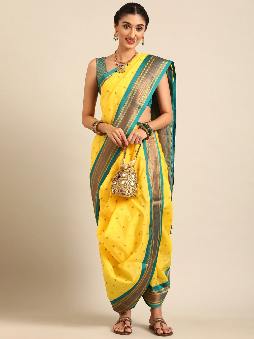 Maharani Nauvari Paithani saree silk blend 9 yard Kashta saree in yellow and rama - styled look for wedding and festive wear