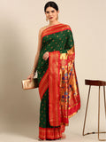 Maharani paithani saree silk blend in bottle green and red with small peacock meena butti - front view for wedding wear