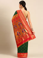 Maharani paithani saree silk blend in bottle green and red with small peacock meena butti - back view showing pallu and border for wedding wear