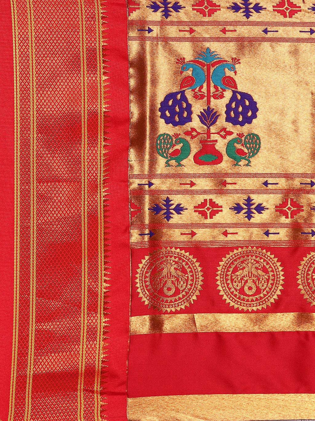 Maharani paithani saree silk blend in bottle green and red with small peacock meena butti - pallu detail showing woven motif design for wedding wear