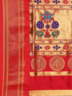 Maharani paithani saree silk blend in bottle green and red with small peacock meena butti - pallu detail showing woven motif design for wedding wear