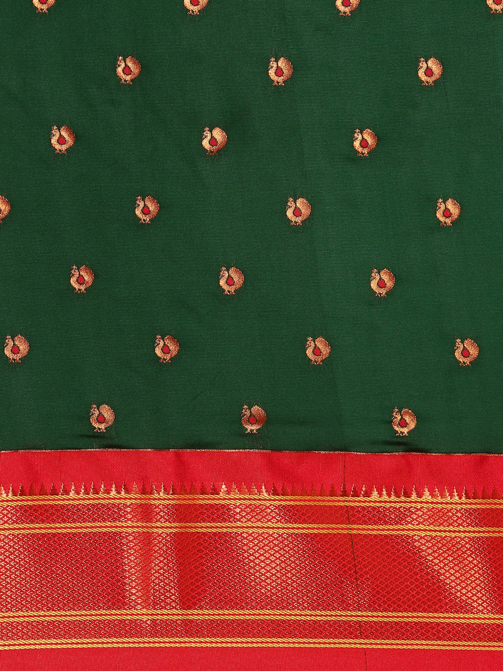 Maharani paithani saree silk blend in bottle green and red with small peacock meena butti - body fabric detail showing motif design for wedding wear