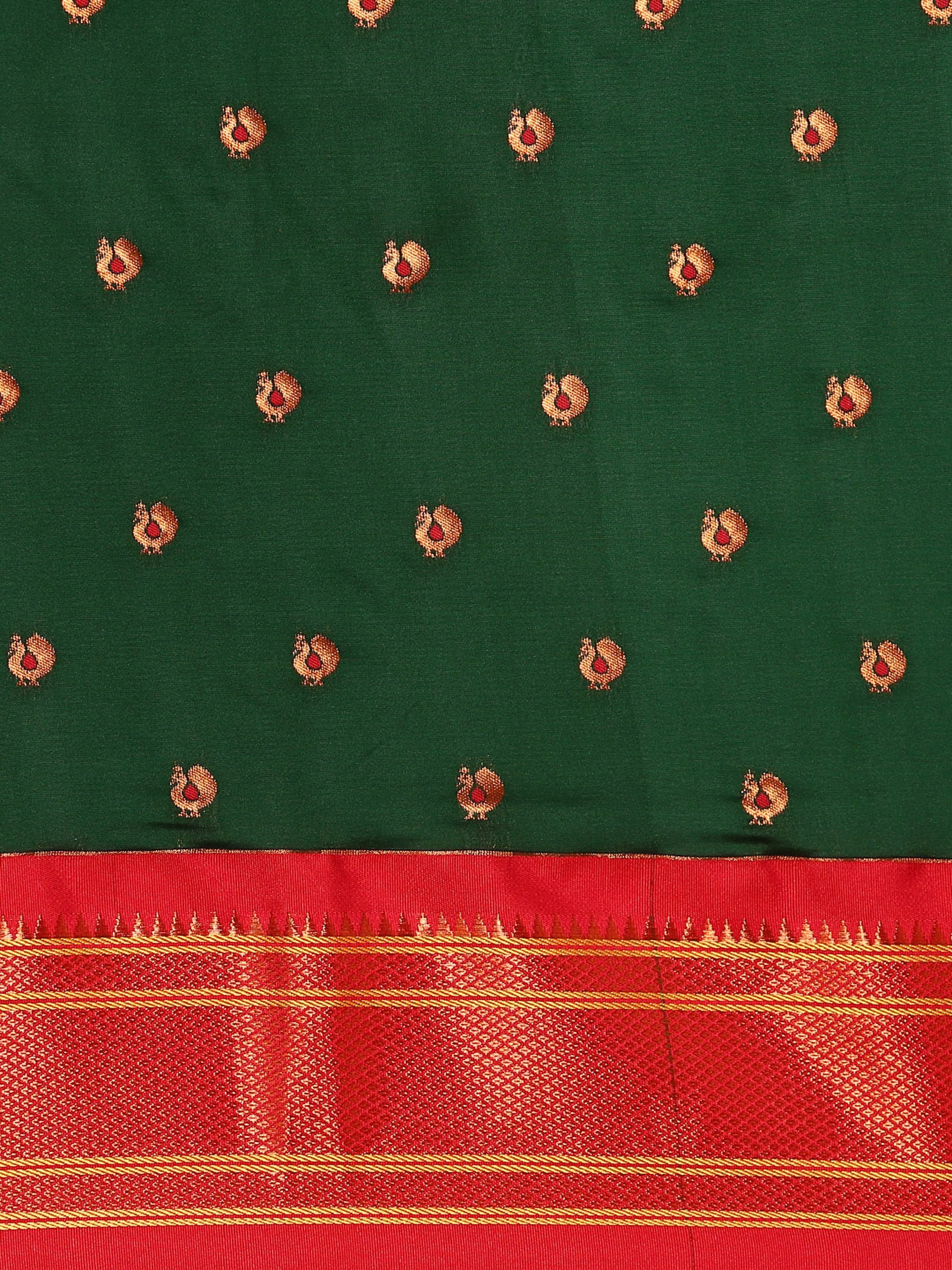 Maharani paithani saree silk blend in bottle green and red with small peacock meena butti - body fabric detail showing motif design for wedding wear