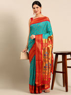 Maharani paithani saree silk blend in chintamani and red with small peacock meena butti - front view for wedding wear
