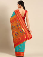 Maharani paithani saree silk blend in chintamani and red with small peacock meena butti - back view showing pallu and border for wedding wear