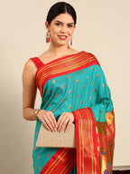 Maharani paithani saree silk blend in chintamani and red with small peacock meena butti - closeup view showing fabric and zari work for wedding wear
