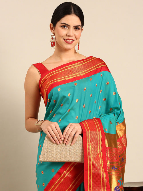 Maharani paithani saree soft silk in chintamani and red with small peacock meena butti - closeup view showing fabric and zari work for wedding wear