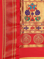 Maharani paithani saree silk blend in chintamani and red with small peacock meena butti - pallu detail showing woven motif design for wedding wear