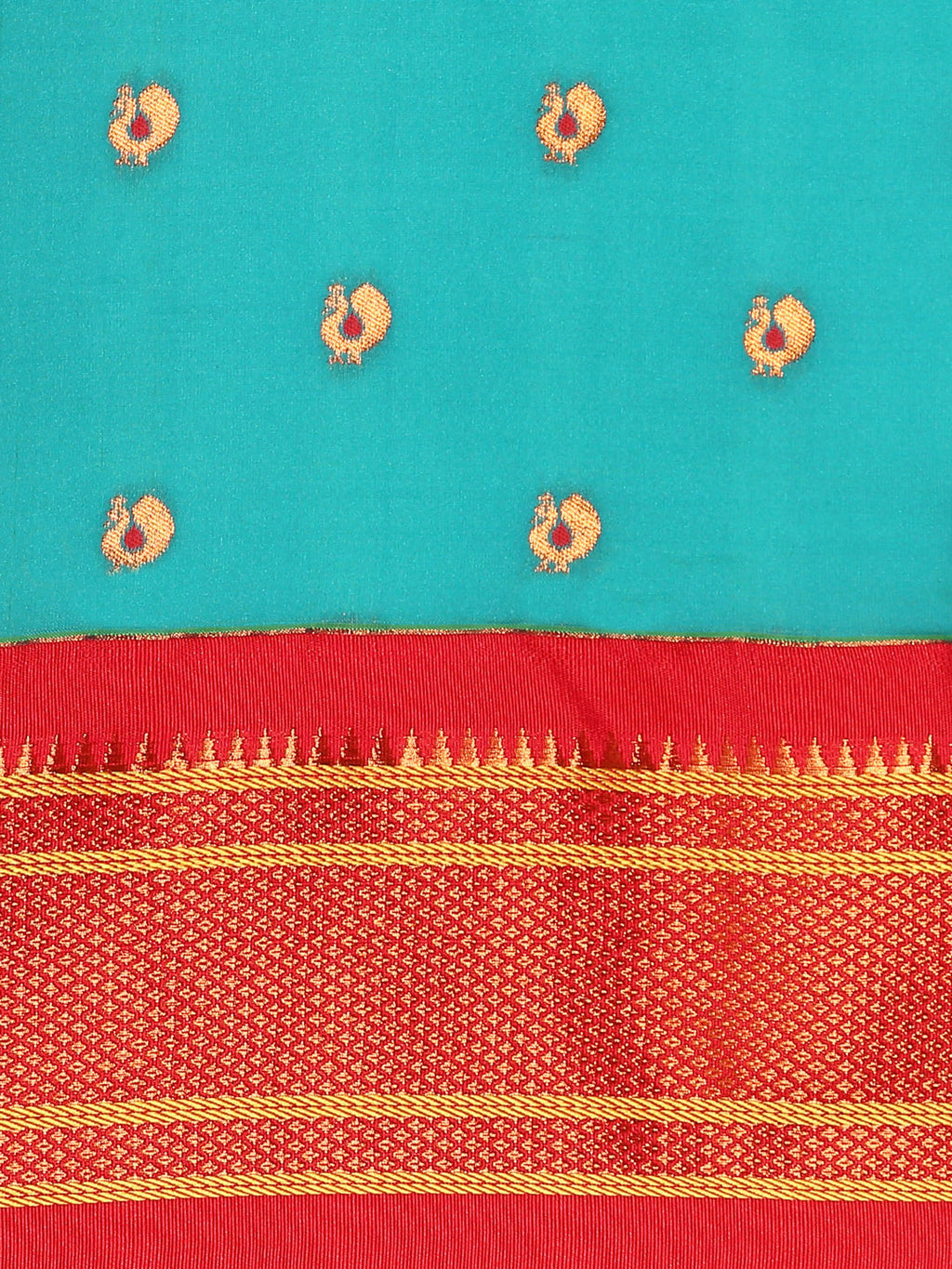 Maharani paithani saree silk blend in chintamani and red with small peacock meena butti - body fabric detail showing motif design for wedding wear