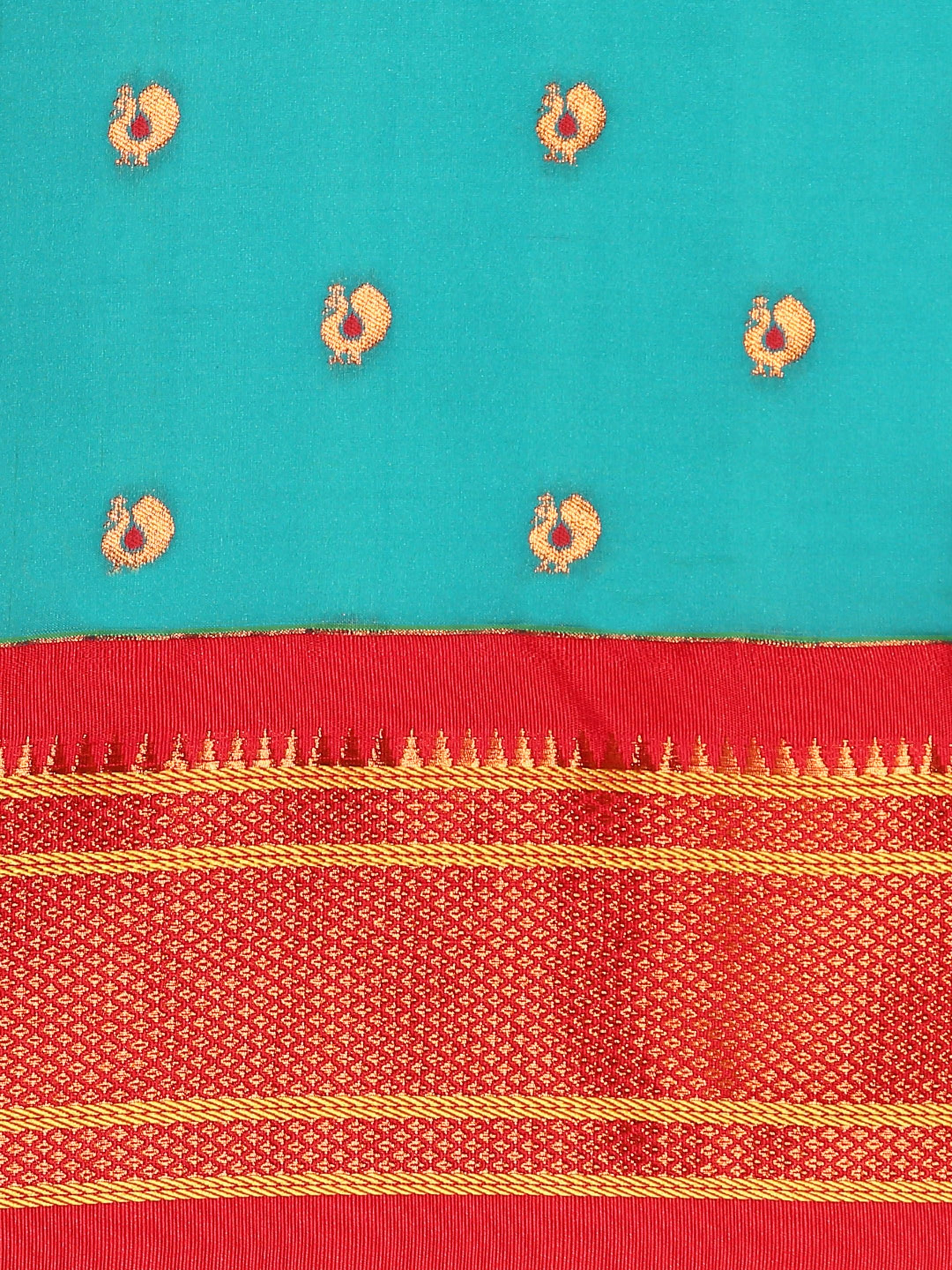Maharani paithani saree silk blend in chintamani and red with small peacock meena butti - body fabric detail showing motif design for wedding wear