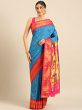 Maharani paithani saree silk blend in firozi and pink with small peacock meena butti - front view for wedding wear
