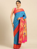 Maharani paithani saree silk blend in firozi and pink with small peacock meena butti - front view for wedding wear