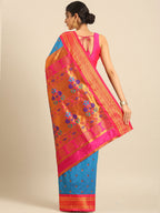 Maharani paithani saree silk blend in firozi and pink with small peacock meena butti - back view showing pallu and border for wedding wear