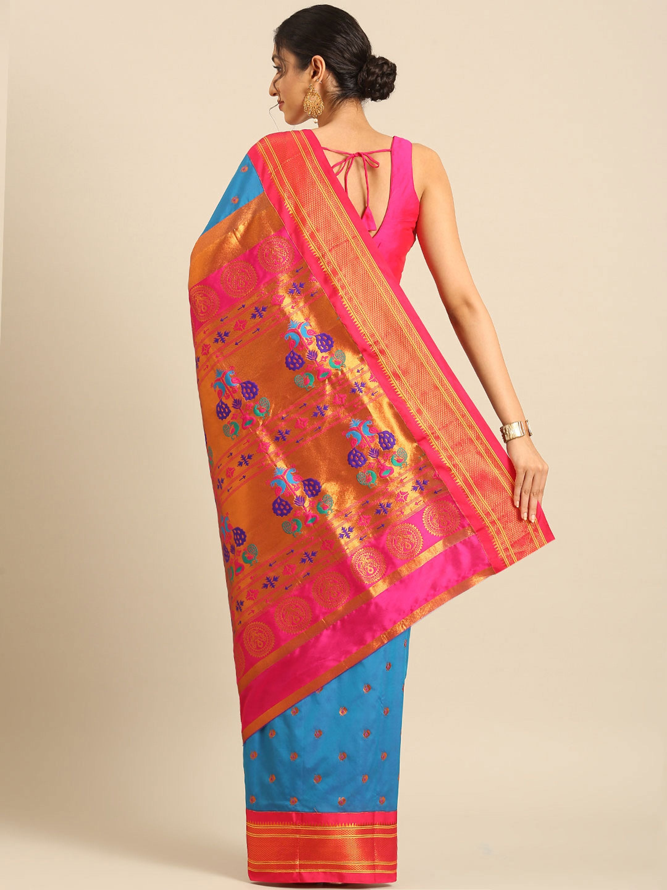 Maharani paithani saree silk blend in firozi and pink with small peacock meena butti - back view showing pallu and border for wedding wear
