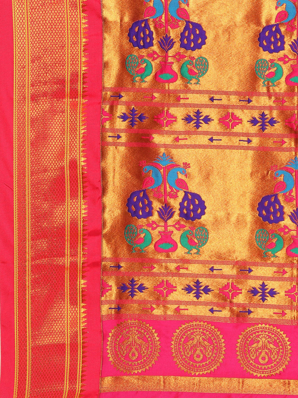 Maharani paithani saree silk blend in firozi and pink with small peacock meena butti - pallu detail showing woven motif design for wedding wear