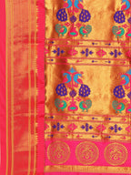 Maharani paithani saree silk blend in firozi and pink with small peacock meena butti - pallu detail showing woven motif design for wedding wear