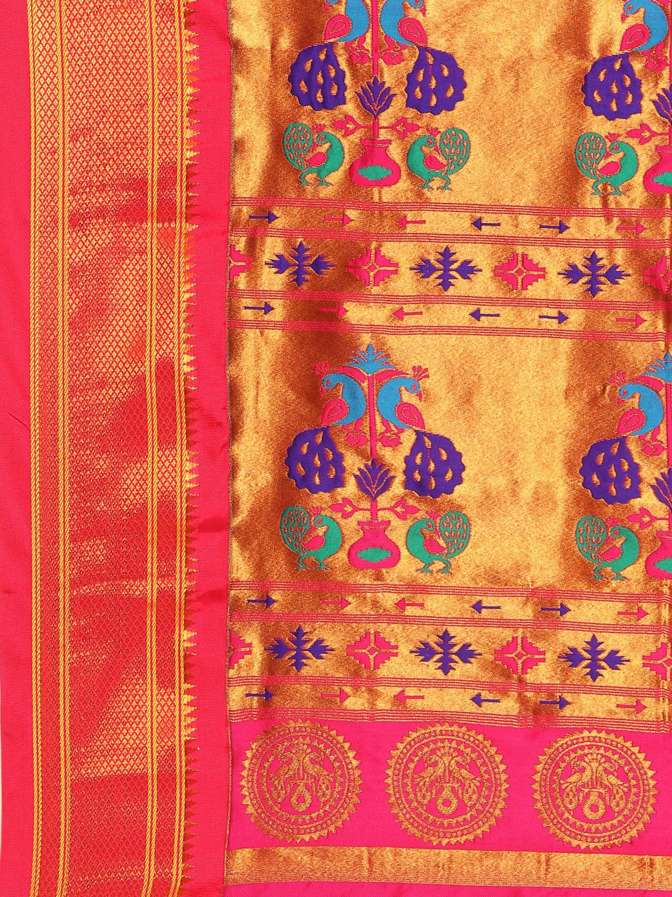 Maharani paithani saree silk blend in firozi and pink with small peacock meena butti - pallu detail showing woven motif design for wedding wear