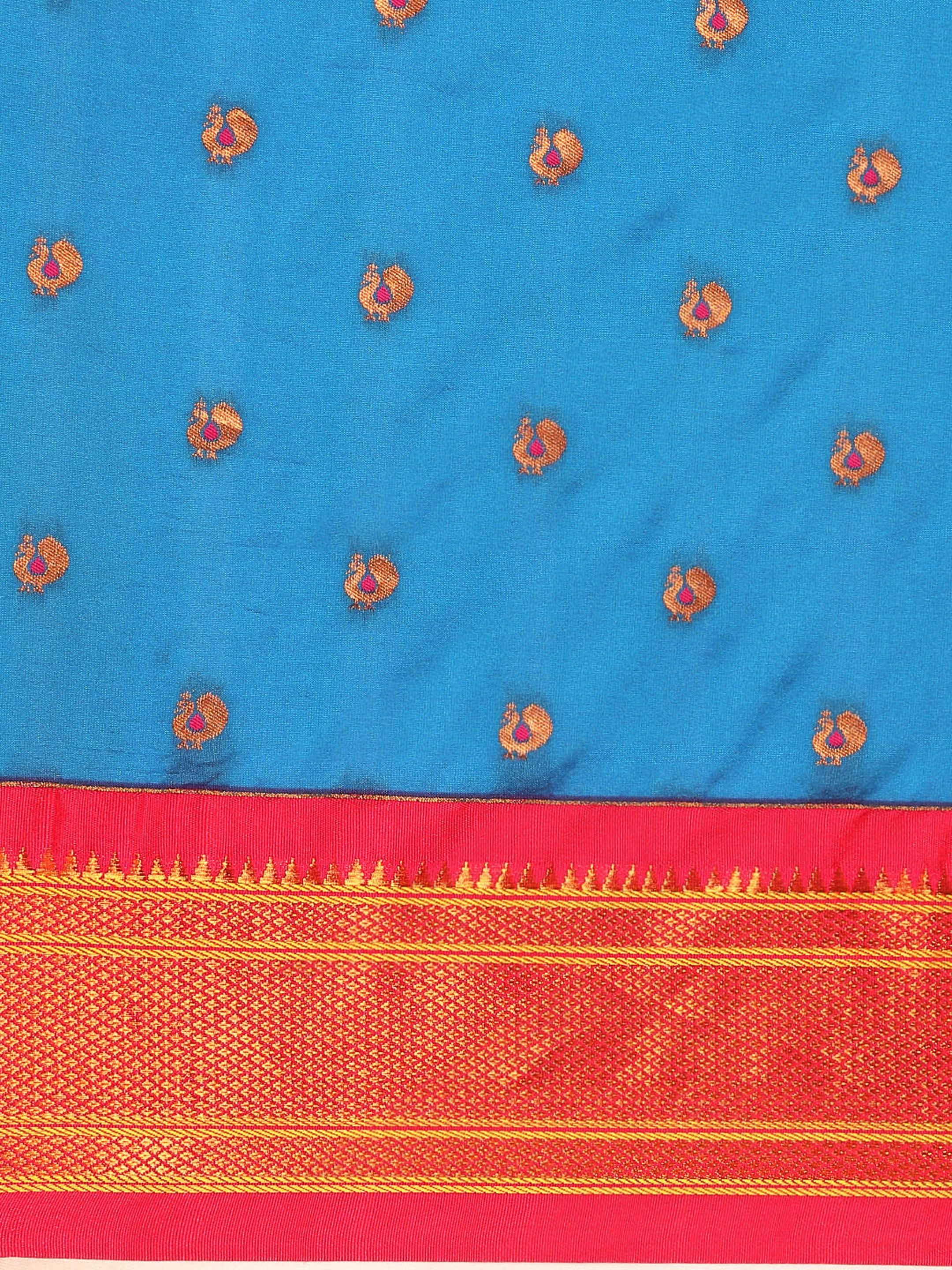 Maharani paithani saree silk blend in firozi and pink with small peacock meena butti - body fabric detail showing motif design for wedding wear