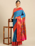 Maharani paithani saree silk blend in firozi and pink with small peacock meena butti - styled model view for wedding wear