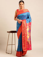 Maharani paithani saree silk blend in firozi and red with small peacock meena butti - front view for wedding wear