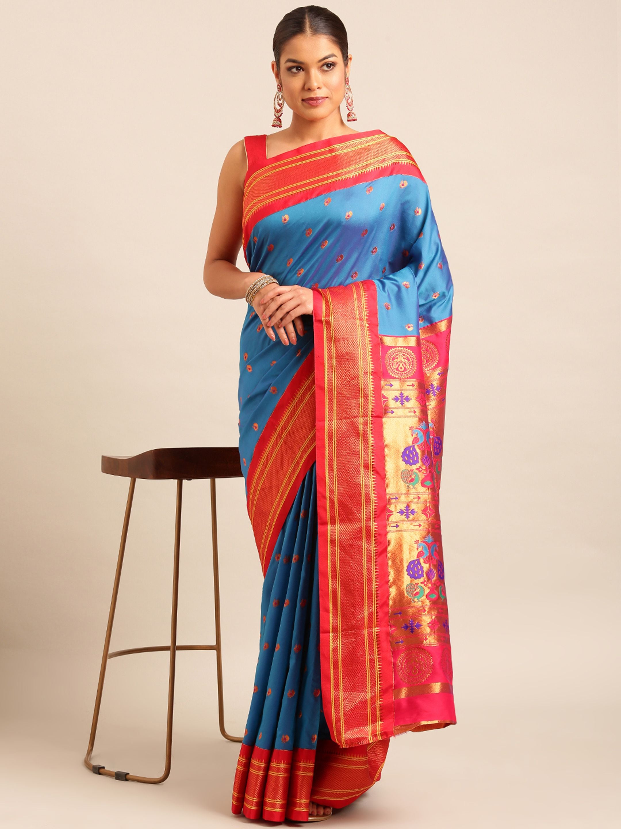 Maharani paithani saree silk blend in firozi and red with small peacock meena butti - front view for wedding wear