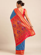 Maharani paithani saree silk blend in firozi and red with small peacock meena butti - back view showing pallu and border for wedding wear
