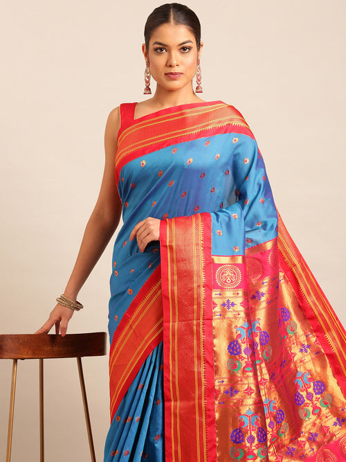 Maharani paithani saree soft silk in firozi and red with small peacock meena butti - closeup view showing fabric and zari work for wedding wear