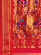 Maharani paithani saree silk blend in firozi and red with small peacock meena butti - pallu detail showing woven motif design for wedding wear