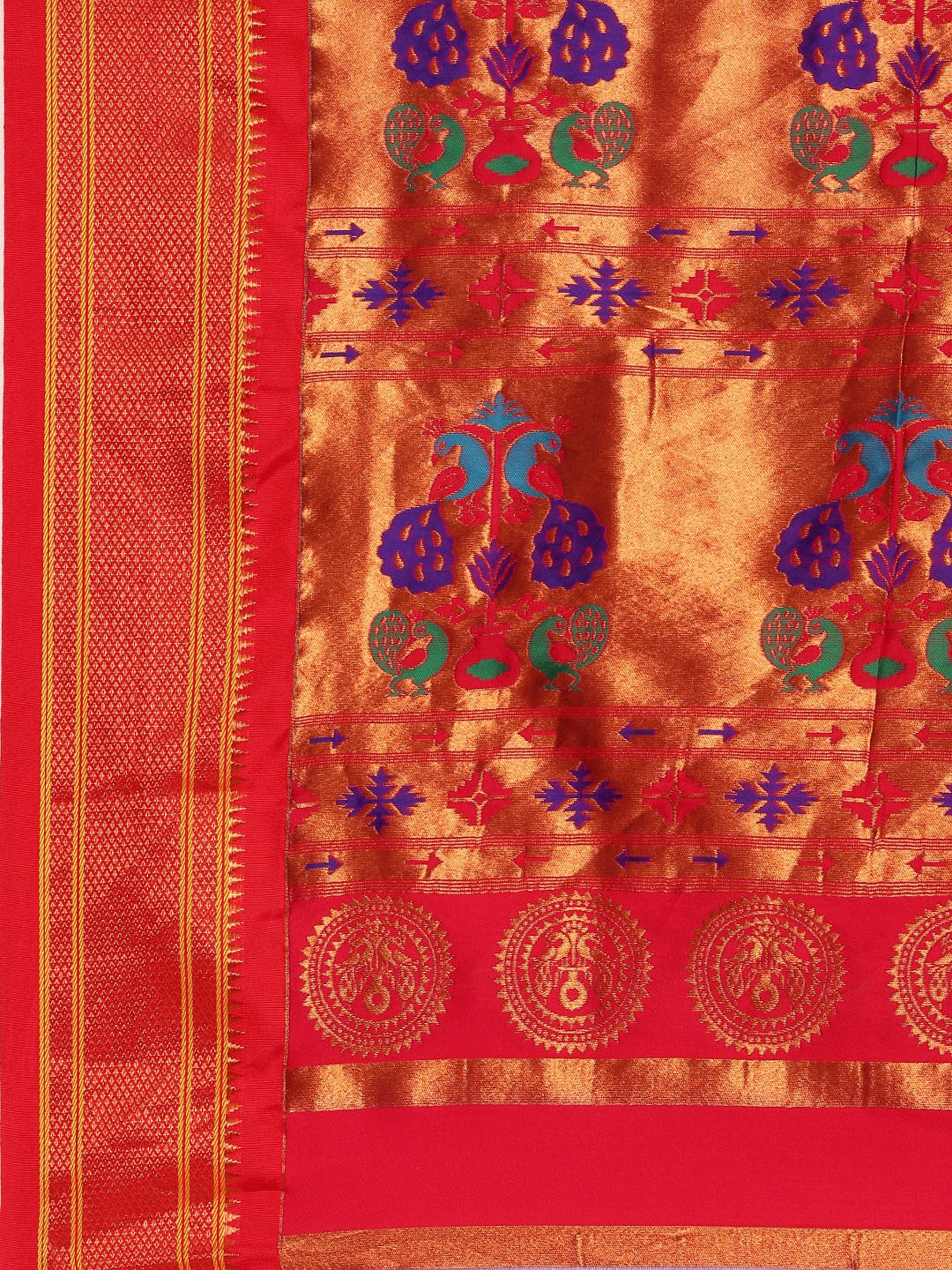 Maharani paithani saree silk blend in firozi and red with small peacock meena butti - pallu detail showing woven motif design for wedding wear