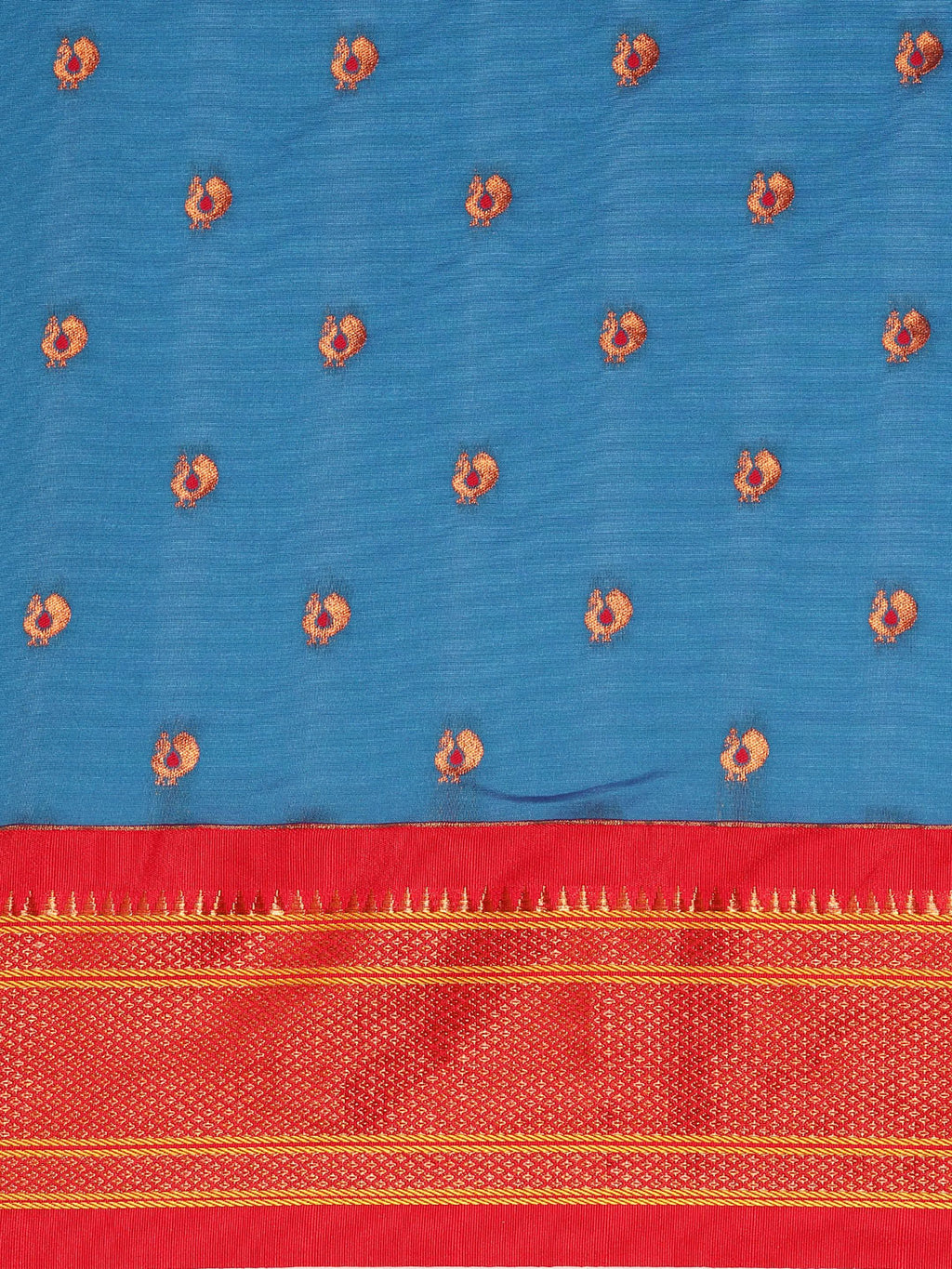 Maharani paithani saree silk blend in firozi and red with small peacock meena butti - body fabric detail showing motif design for wedding wear