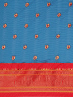 Maharani paithani saree silk blend in firozi and red with small peacock meena butti - body fabric detail showing motif design for wedding wear