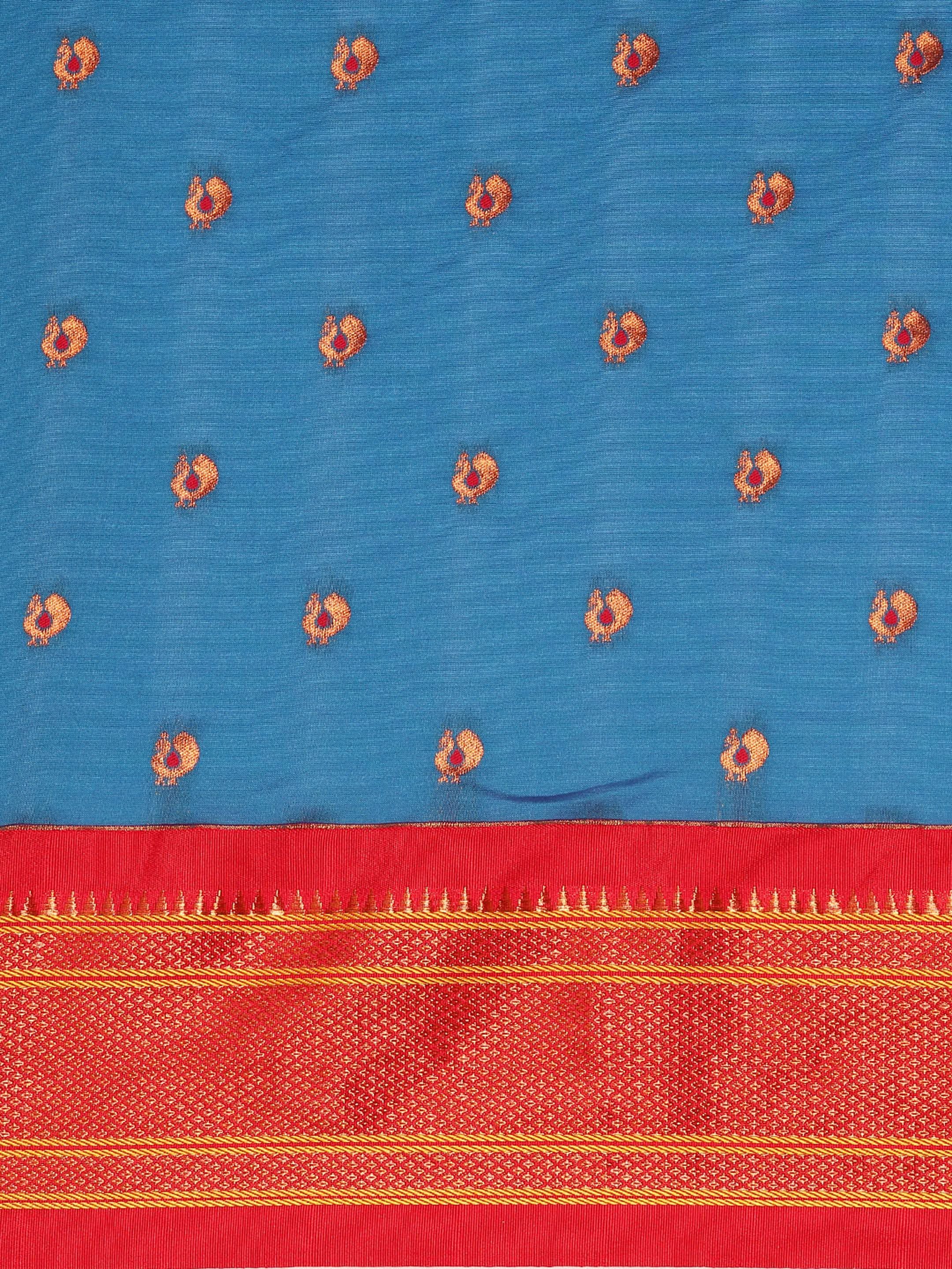 Maharani paithani saree silk blend in firozi and red with small peacock meena butti - body fabric detail showing motif design for wedding wear