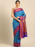 Maharani paithani saree silk blend in firozi and violet with small peacock meena butti - front view for wedding wear