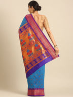Maharani paithani saree silk blend in firozi and violet with small peacock meena butti - back view showing pallu and border for wedding wear