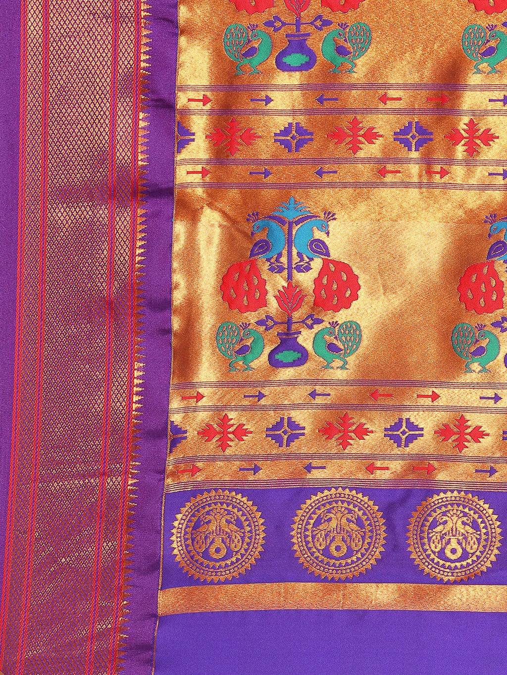 Maharani paithani saree silk blend in firozi and violet with small peacock meena butti - pallu detail showing woven motif design for wedding wear