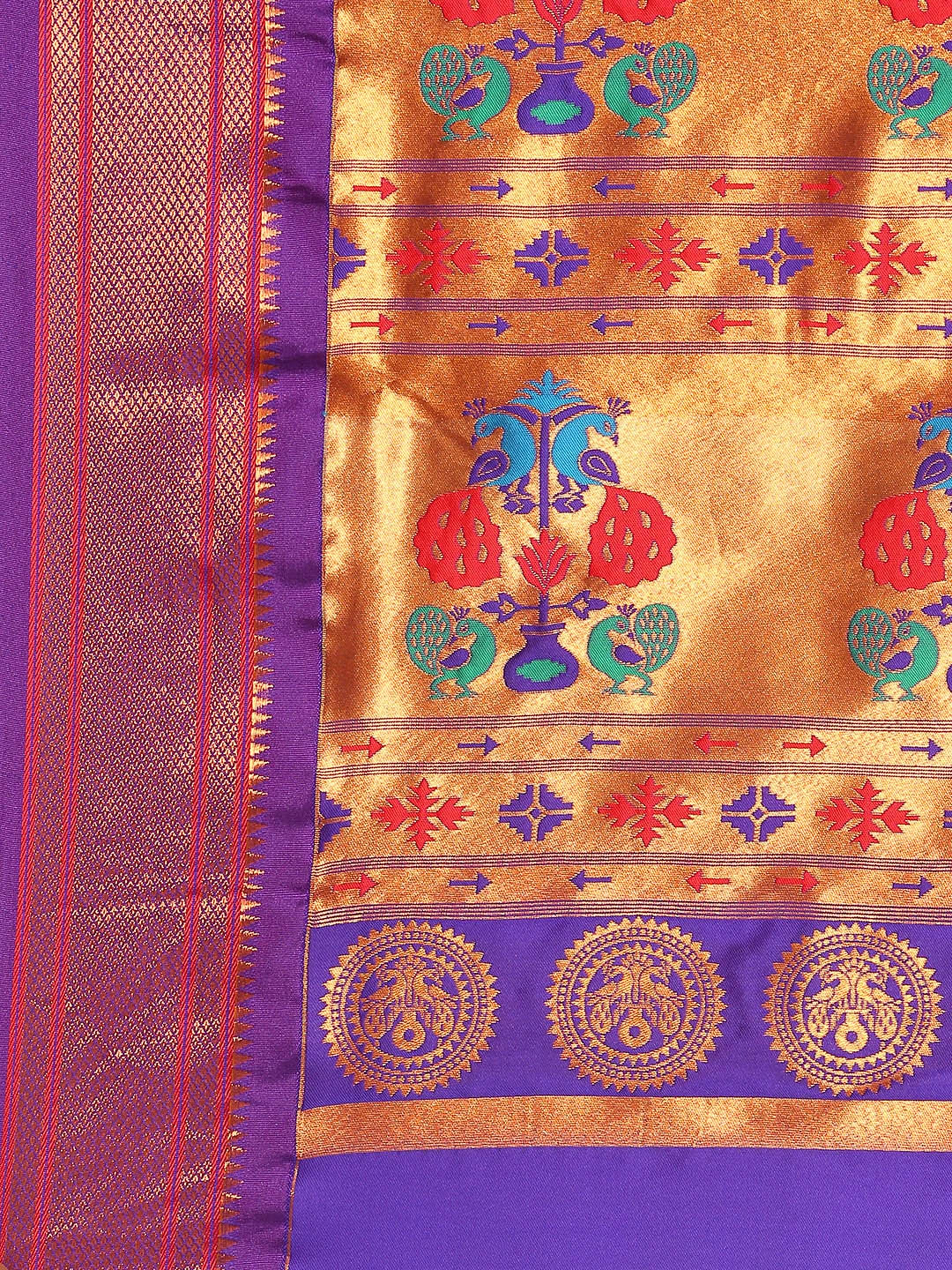 Maharani paithani saree silk blend in firozi and violet with small peacock meena butti - pallu detail showing woven motif design for wedding wear
