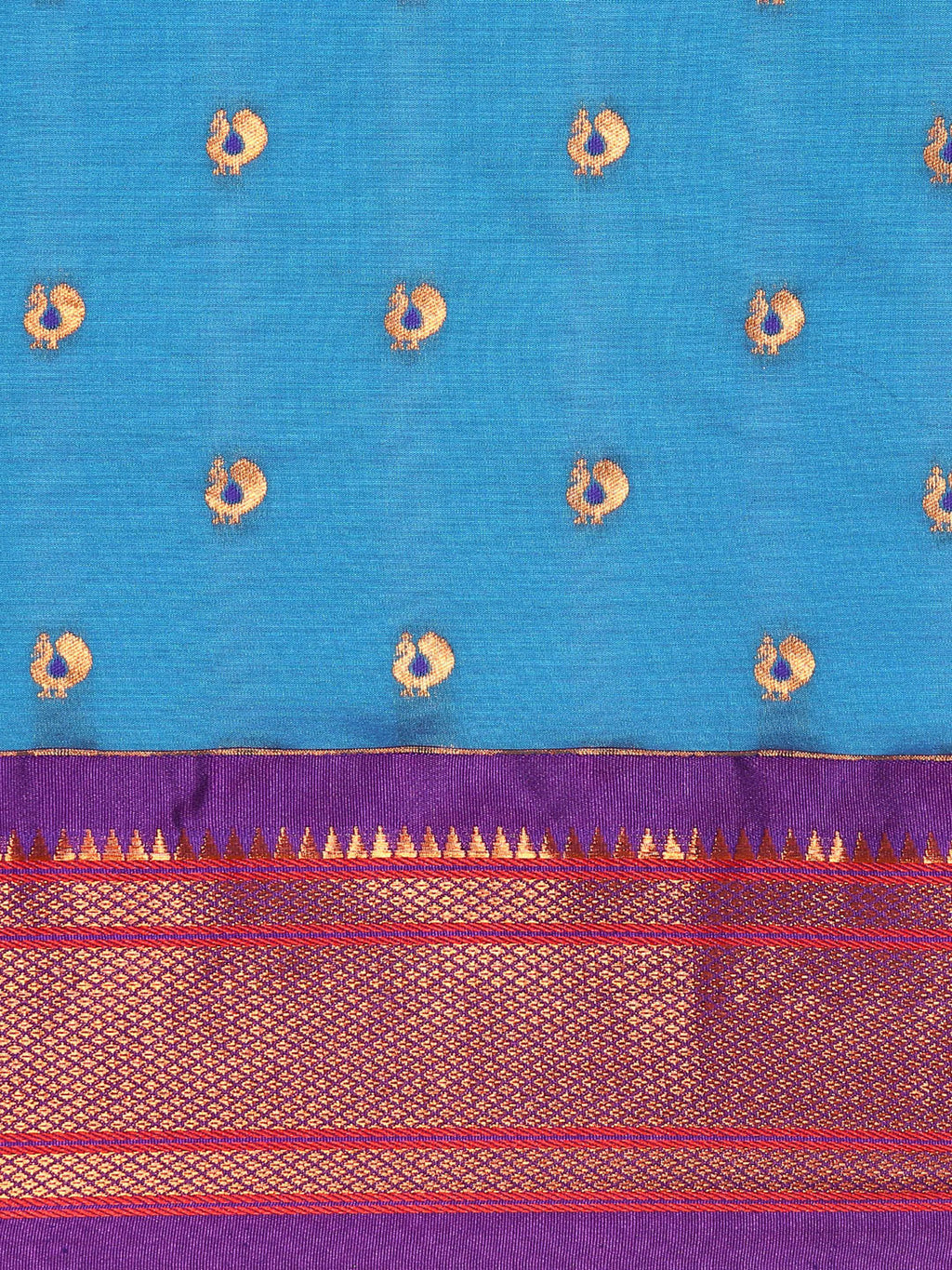 Maharani paithani saree silk blend in firozi and violet with small peacock meena butti - body fabric detail showing motif design for wedding wear