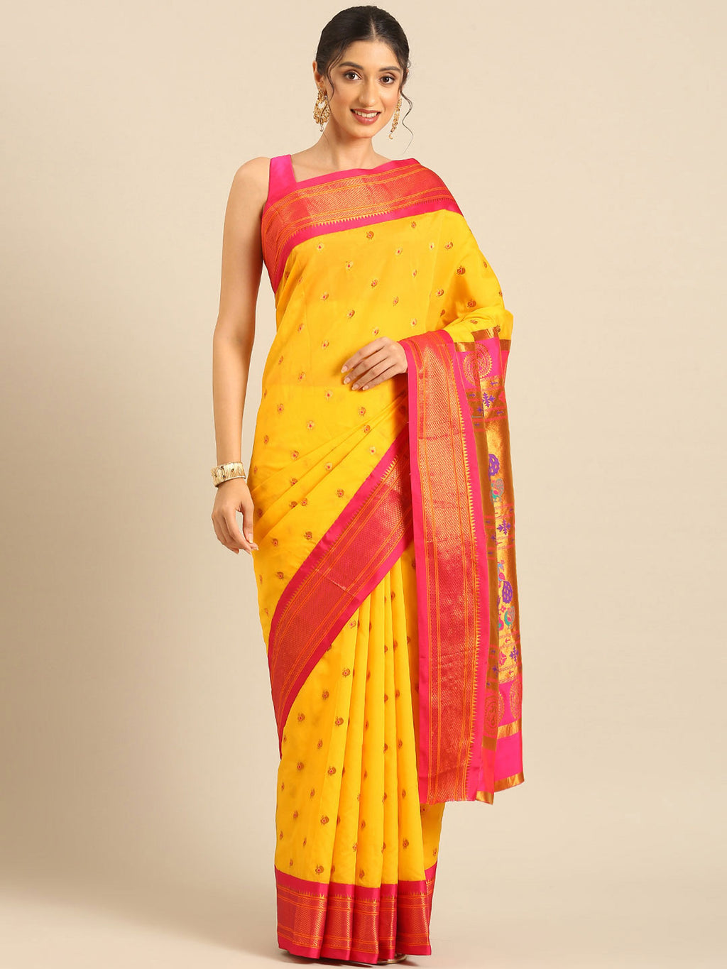 Maharani paithani saree silk blend in gold and pink with small peacock meena butti - front view for wedding wear