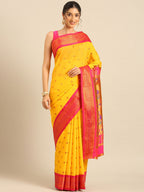 Maharani paithani saree silk blend in gold and pink with small peacock meena butti - front view for wedding wear