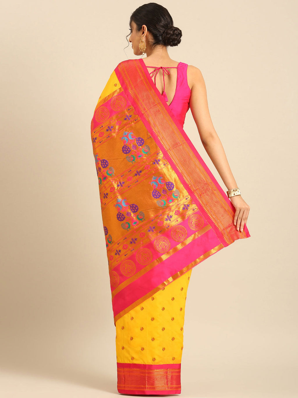 Maharani paithani saree silk blend in gold and pink with small peacock meena butti - back view showing pallu and border for wedding wear