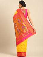 Maharani paithani saree silk blend in gold and pink with small peacock meena butti - back view showing pallu and border for wedding wear