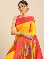 Maharani paithani saree silk blend in gold and pink with small peacock meena butti - closeup view showing fabric and zari work for wedding wear
