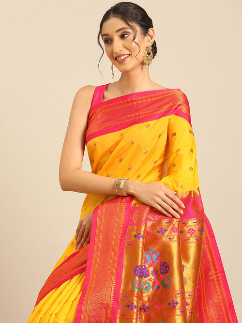 Maharani paithani saree soft silk in gold and pink with small peacock meena butti - closeup view showing fabric and zari work for wedding wear