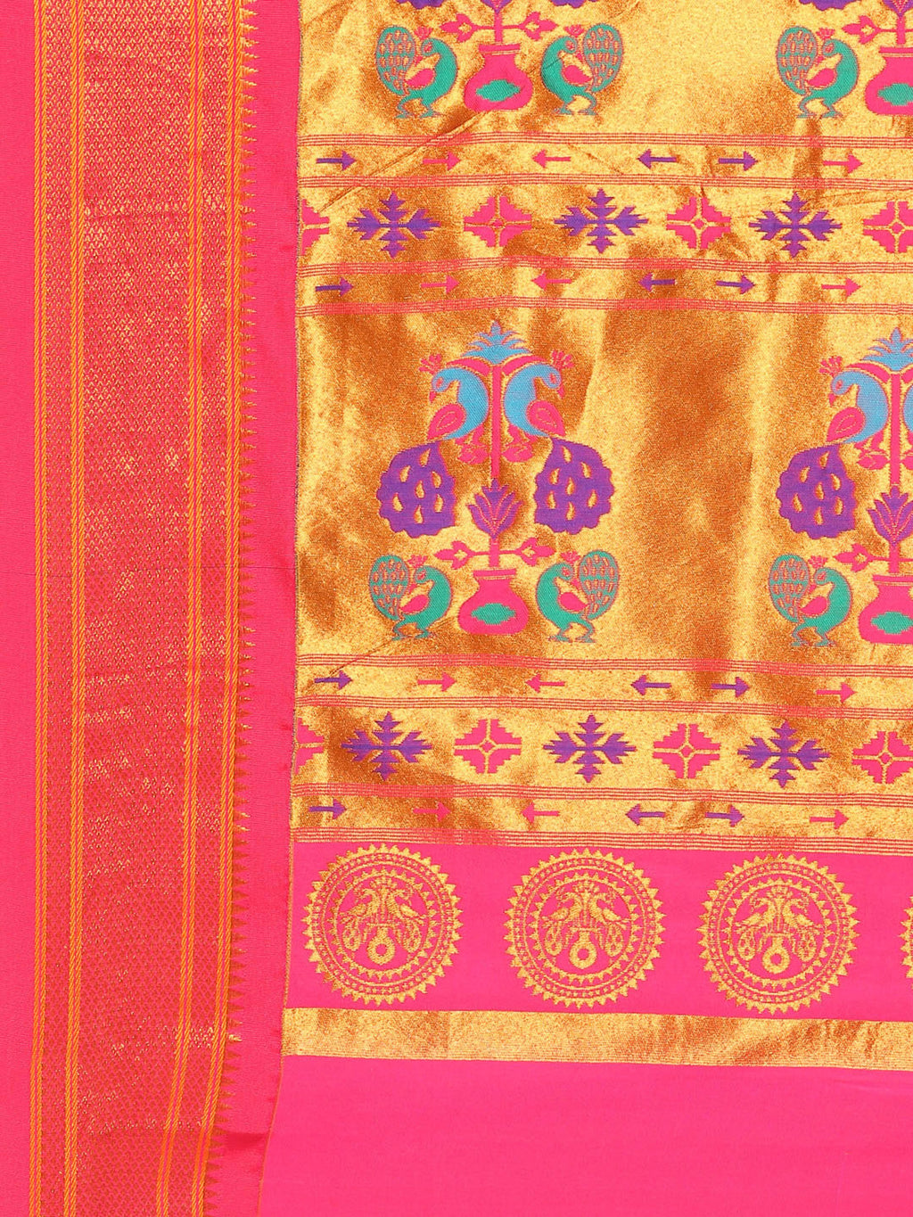 Maharani paithani saree silk blend in gold and pink with small peacock meena butti - pallu detail showing woven motif design for wedding wear