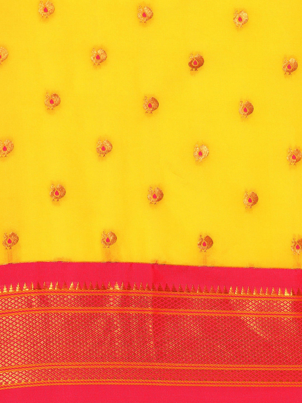 Maharani paithani saree silk blend in gold and pink with small peacock meena butti - body fabric detail showing motif design for wedding wear