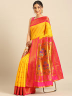 Maharani paithani saree silk blend in gold and pink with small peacock meena butti - styled model view for wedding wear