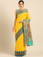 Maharani paithani saree silk blend in gold and rama with small peacock meena butti - front view for wedding wear