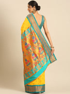 Maharani paithani saree silk blend in gold and rama with small peacock meena butti - back view showing pallu and border for wedding wear