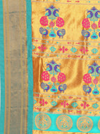 Maharani paithani saree silk blend in gold and rama with small peacock meena butti - pallu detail showing woven motif design for wedding wear